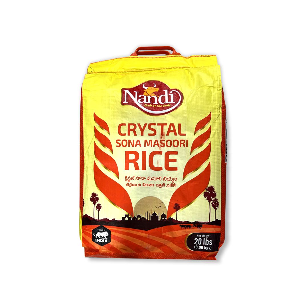 Nandi Crystal Sona Masoori Rice 20lbs Bag Soft & Fluffy Texture
